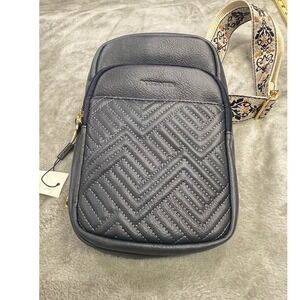 Bostanten Navy Quilted Sling Crossbody with Embroidered Guitar Strap Boho